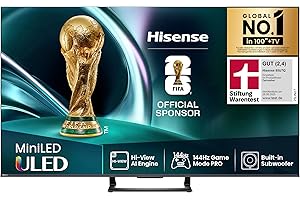 Hisense 55U7Q Fernseher 55 Zoll, 4K Mini LED ULED, Smart TV, Hi-View AI Engine, 144Hz Game Mode Pro, FreeSync Premium, Built in Subwoofer, Dolby Vision IQ Atmos, Airplay, Sprachsteuerung[2025]