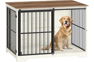 Hzuaneri Hundekäfig Möbel, 110 cm Hundebox, 2 Türen, Moderne Hundekäfig Indoor für Kleine/Mittlere/Große Hunde, Beistelltisch, Verstärkte Schiebetür, 110 × 65 × 81 cm, Weiß Braun DFC84414B