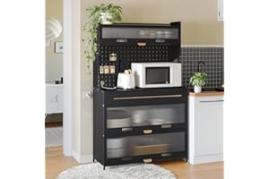 NETEL Kitchen Bakers Rack with Drawer, Kitchen Cabinets with Worktop,Power Holes and Wheels,Kitchen Dresser Cabinet,Kitchen Pantry Cupboard Free Standing,Coffee Bar Station