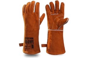 QeeLink Guantes de soldadura resistentes al calor y al desgaste, forrados de cuero, costuras ignífugas, para soldador, chimenea, barbacoa, jardinería