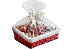 H-Line Christmas Hamper Basket Santa Bamboo Baskets Rectangle Wicker Baskets with White Faux Fur Trim Cellophane Wood Shred Bow Set Decorative Festive Hamper Christmas Basket for Snacks Sweets (Large)
