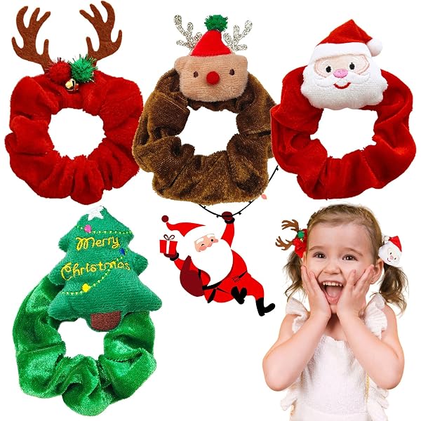 2 Weihnachts-Haargummis Mit Elch & Weihnachtsmann – Weicher Samt-Scrunchie Für Damen & Mädchen