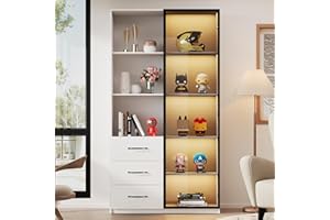 ‎LANTRO JS LANTRO JS Glas Vitrine, Schaukasten Vitrine mit Tür aus Gehärtetem Glas und LED Beleuchtung, 3 Schubladen und 3 Offene Fächer, Glasvitrine mit Aluminiumrahmen und Soft-Close-Scharniere, Weiß