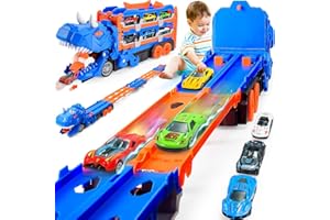 iKidiki Camion Dinosaure Jouet, Circuit Voiture Enfant Jouet Enfant 2 3 4 5 6 Ans Garcon Cadeau Garcon 2 3 4 5 6 Ans, 150 CM Camion de Transport Dinosaure avec 6 Mini Voitures