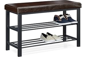 ‎RELAXDAYS Relaxdays Ławka na buty, 49 x 81 x 32 cm, otwarte półki na buty, wyściełane siedzisko z pokrowcem ze sztucznej skóry, dla 6-8 par, bez pleców, brązowa