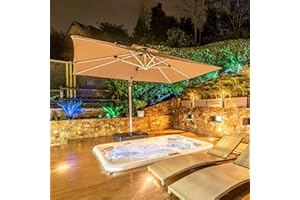 PURPLE LEAF 3 X 3 M Garden Cantilever Parasol with Led Solar Lights Bar, Large Square Overhanging Patio Umbrella with Crank Handle and Tilt for Balcony and Outdoor, Begie