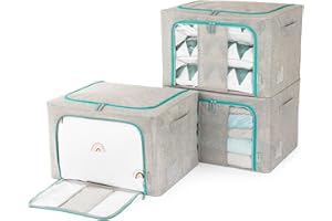 LIVIVO Set of 3 Foldable Fabric Storage Boxes with Steel Frame, 66L Capacity, Grey with Green Zip, Clear Windows, Label Holders, Ideal for Underbed and Wardrobe Organisation