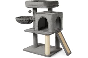 Amazon Basics klätterställning i flera nivåer för katter och kattungar med klösstolpe, katthus och hängmatta, FSC-certifierad, höjd 76,2cm (30,2in)