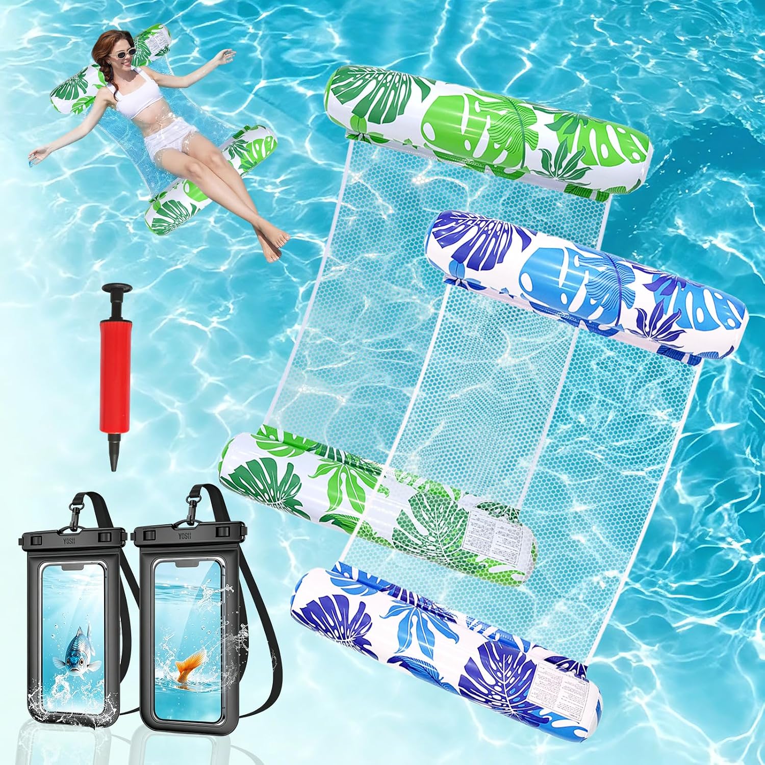 Amaca Galleggiante 4 in 1 Materassino Piscina Adulti, 2 Pezzi Materassino Mare Gonfiabile con Rete Amaca Gonfiabile da Mare Portatile Amaca da Piscina per una Vacanza al Mare(130x70cm)