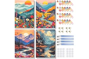 Lxmsja 4 Pezzi Paesaggio Dipingere con i Numeri Adulti Con Cornice, Montagna Paint by Numbers Kit Principianti Con 3 Penne, Hobby Creativi Adulti Idee Regalo Donna Decorazioni Casa, 20x30cm