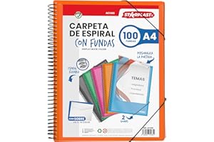 Starplast Carpeta Con Fundas Espiral Flexible - 100 fundas transparentes, A4, cierre elástico, tapa polipropileno, portada personalizable, para uso Escolar y Oficina - color Naranja