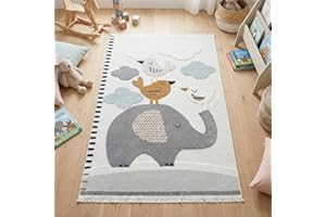 RUGURA Alfombra Infantil Habitación Niña Niño Dormitorio Animales Elefante Nubes Estrellas Arcoiris 120x170cm Gris Marrón Ocre Azul