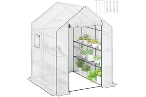Outsunny Invernadero de Exterior Invernadero Pequeño de 3 Niveles con 6 Estantes Puerta Enrollable Cubierta de PE y Marco de Acero para Cultivos Plantas Flores 140x143x190 cm Blanco