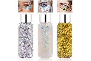 KUIRUNRX Gel de purpurina corporal,3 colores Purpurina Gruesa Brillante,Lentejuelas de sirena con purpurina líquida,Body Glitter Gel,Sombra de Ojos Brillantes Líquida Purpurina Holográfica (B)