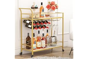 Lifewit Drinks Trolley on Wheels, Serving Trolley, 2 Tier Bar Cart with 9 Wine Bottle Racks, Cocktail Alcohol Trolley for Kitchen Dining Living Room Outdoor, 80 x 33.2 x 87.8 cm, Gold