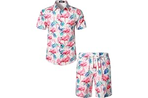 JOGAL Herren Hawaii Hemd Männer Flamingo Kurzarmhemd und Kurze Hose Set Strand Outfit Sommerhemd Für Mann