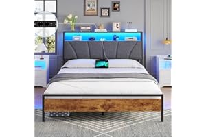 Brinlawb Cadre de Lit 140 x 190 avec Sommier en Métal, Lit 2 Personnes avec Lumières LED, Multiprise(2 Prises AC,2 Ports USB) lit Double 140x190 avec Rangement, Facile à Assembler, Marron Vintage&Gris