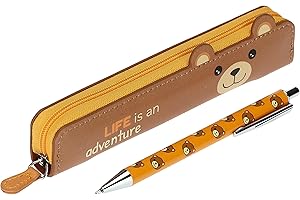 THUN - Astuccio Donna Teddy con Penna con Apertura a Giro, Decorato con Orecchie Sagomate - Set Cancelleria - Linea Teddy Friends - Ecopelle, Penna in Acciaio Inossidabile e Ottone - 16,5x2 cm