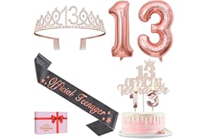 AMOSKING 13. Geburtstag Mädchen Deko, 13. Geburtstag Krone, Official Teenager 13 Schärpe, Happy Birthday Tortendeko Kerzen, Luftballons Rosegold, 13 Jahre Mädchen Geschenk