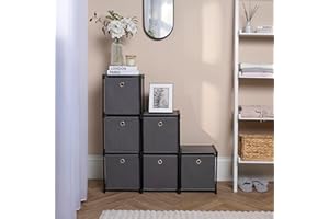 OHS Grey Ladder Storage Unit 6 Cube Plastic Storage Rack with 6 Fabric Boxes, Space-Saving Multifunctional Organizer with Modular Design For Home Office Closet, 92x30x94cm