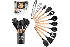 DOGMOON Küchenhelfer Set, 12 Stück Antihaft Hitzebeständiger Holzgriff Kochbesteck mit Utensilienhalter, Holzgriff-Küchenhelfer, Silikon Küchenhelfer Kochutensilien Kochgeschirr Spülmaschinengeeignet(Schwarz)