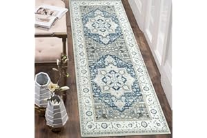 LuxFocus Tappeto per corridoio, lavabile, antiscivolo, motivo floreale, per ingresso, antimacchia, per corridoio, beige-blu, 60 x 230 cm