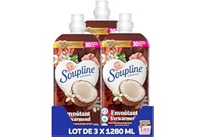 SOUPLINE Adoucissant Linge Concentré Senteur Fleurs Blanches & Notes de Noix de Coco, Assouplissant Linge Formule Améliorée pour Plus de Parfum*,Assouplissant Textile Liquide, Soupline Lot de 3x1,28L