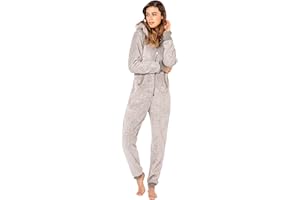 Eight 2 Nine Damen Teddyfleece Jumpsuit mit Kapuze und Öhrchen, Flauschiger Overall mit Daumenlöchern, kuschelig bequemer One-Piece für entspannte Stunden, schwarz, grau, rosa XS-XL
