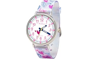 Kiddus Montre Bracelet Éducative pour Enfants. Analogique avec Exercices. Mécanisme en Quartz Japonais. English Version. Hearts