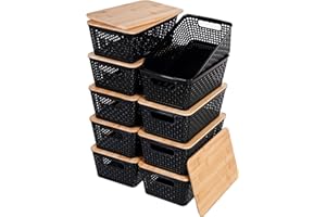 CITYLIFEHOUSE Citylife Set of 10 Pack Storage Baskets with Bamboo Lids,Woven Plastic Storage Boxes,Stackable Lidded Bins for Kitchen Bathroom Desktop Closet Classroom Office,Black