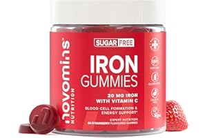 Iron Gummies with Vitamin C - Sugar Free - 1 Month Supply - 20mg with 24mg Vitamin C - Immune System & Energy - Alternative to High Strength Tablets - Iron Supplements for Women & Men - Novomins