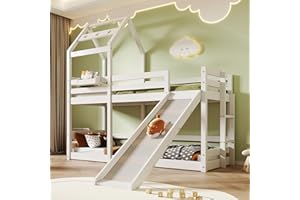 LTGB 3FT Bunk Beds for Kids, Wooden Bunk Bed Treehouse With Slide & Ladder 90 X 190 Cm, 3ft Cabin Bed For Children - 2x Slatted Frame - White【UK Fast Delivery】