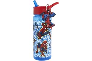MARVEL Polar Gear Spiderman Kids 500ml Water Bottle with Straw - Back to School Boys Water Bottle with Spiderman Keyring Charm, Blue & Red