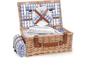 TWENTYNEXT Weiden-Picknickkorb-Set für 2 Personen mit wasserdichter Picknickdecke und großem isoliertem Kühlfach, Weiden-Picknickkorb mit Besteck-Service-Kits für Camping, Hochzeit (Blau)