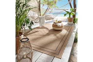 TARACARPET Outdoor & Indoor Teppich für Wohnzimmer Balkon Terrasse wetterfest Borneo Sisal-Jute-Optik naturfarben beige Bordüre schwarz 080x150 cm