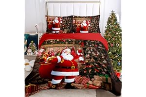 IUNTWEIE Copripiumino singolo natalizio, copripiumino rosso con Babbo Natale e alce, decorazione natalizia, morbido set di biancheria da letto con zip (E, 135x200cm)
