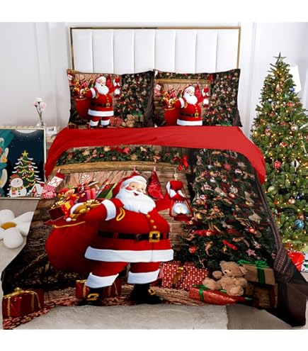 Kerstbeddengoed, eetlingenset, 3D-kerstbeddengoedset, met 2 kussenslopen, kerstman, kerstboom, hert, kerstcadeau voor kinderen en tieners (E, 200x200cm