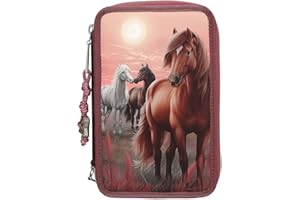 Depesche 13680 Miss Melody Dreamland - Gefüllte 3-Fach Federtasche in Beerefarben, mit Pferde Motiv, Federmappe mit Buntstiften, Schere, Lineal UVM, Braun