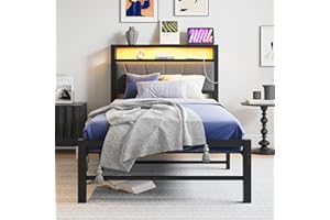 BORPHOM 3ft Single Bed Frames with Storage Headboard,Charging Station/LED Lights,Metal Upholstered Platform Bed Frame Single No Box Spring Needed,Strong Metal Slats Support/Noise Free/Grey