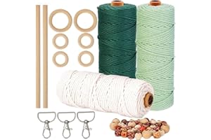 HanCheng 60 m x 3 mm Filo Macrame Set di 3, Colorata Corda Macrame Kit con 40 Perline, 6 Cerchi, 2 Bastoncini, 3 Portachiavi (Beige, Verde Scuro, Verde Chiaro)