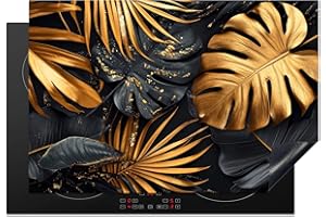 KitchenYeah© Coperchio Piano Cottura 77x51 cm Cucina Copri Fornelli Tappetino Induzione Antiscivolo Piastra Protezione Oro - Foglie - Nero