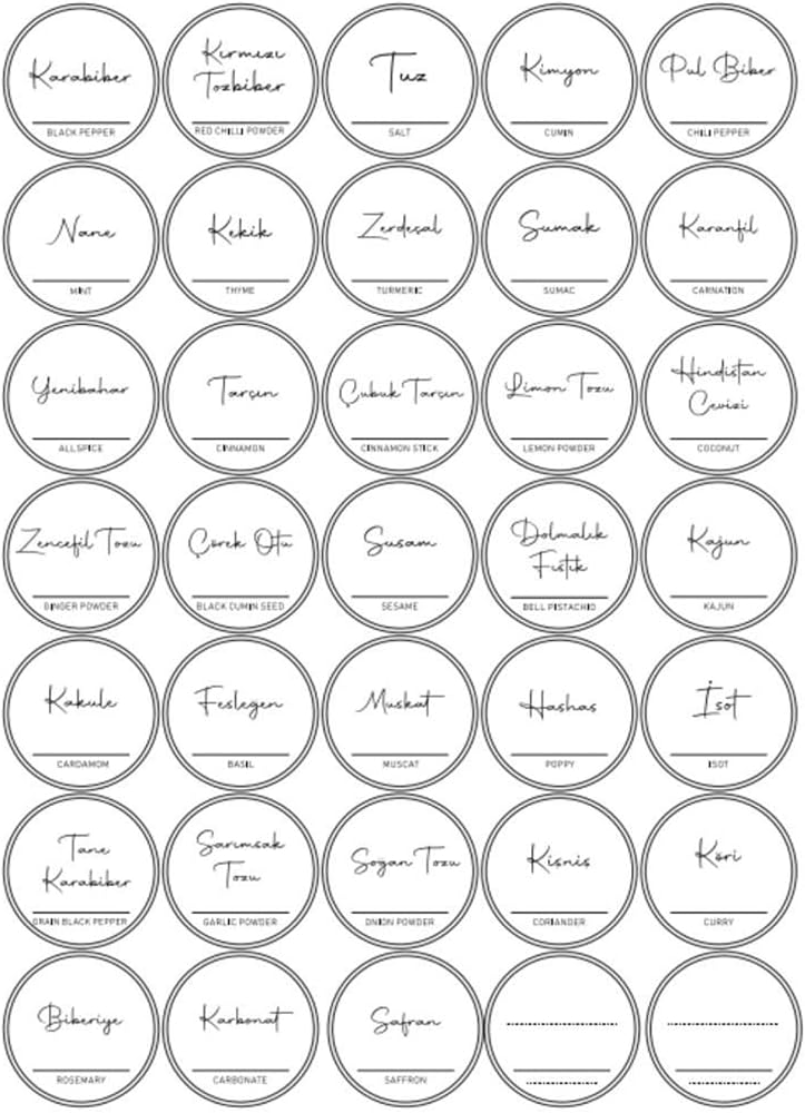 Digithome 35 Adet Yuvarlak Baharat Kavanoz Etiketi Sticker Seti 4x4 Cm