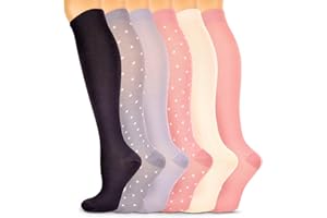 KAEMPE 6 pares de medias de compresión para mujer, coloridas, medias de trombosis de vuelo, calcetines de compresión para mujer, calcetines de apoyo, calcetines de viaje, calcetines de compresión para correr