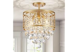 WUZUPS Crystal Drum Lustre Flushmount Plafond Luminaire Éclairage Moderne pour Entrée Couloir Cuisine Salle de bains Chambre à coucher, H 41.5cm x L 33cm, Base E27, Or