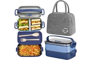Haoh Bento Lunch Box Kit, 1600ml 2 Etages Boite Repas avec Sac Isotherme Repas, Hermétique Boîtes Bento pour Pique Nique, Travail, Goûter, Ecole, Boîte à Lunch Micro Ondable(Bleu)