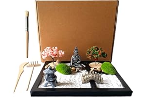 ZEN&TAO Japanese Zen Garden Kit, Black Tray with Two Trees, Two Mosses, Buhhda Statue, Bridge, Stones and Sand Toolset, 2024 New Upgrades, for Meditation, Relaxation and Gifting.