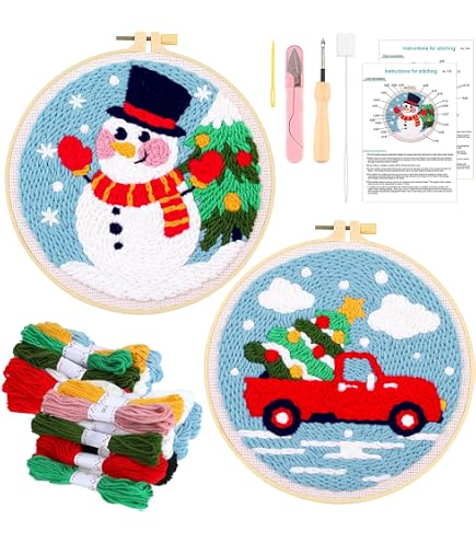 10 Kits de Broderie pour Débutants, Motifs de Broderie Pré-Tamponnés avec 2 Anneaux de Broderie, Kits de Démarrage d'Artisanat de Point de Croix, Kits de Couture à la Pointe d'Aiguille Parfaits pour