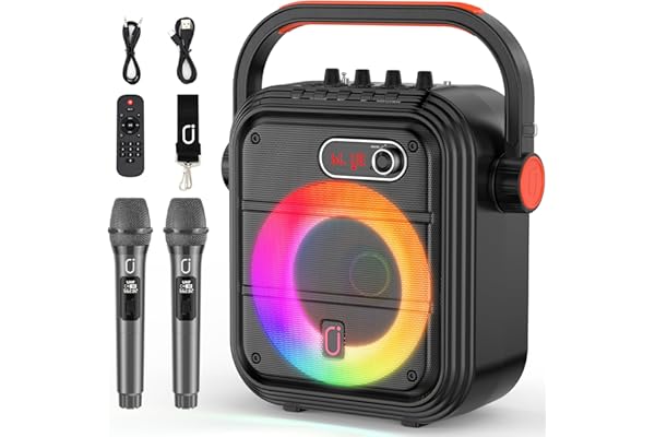 JYX Machine de karaoké avec 2 Microphones sans Fil, Enceinte Karaoke Complet avec Lumières de fête, Portable Système Karaoké Support TWS/AUX/FM/USB/TF Carte