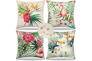 Weldomcor Waterproof Cushion Cover Set of 4, 45x45 cm Tropical Plant Pattern Outdoor Throw Cushion Cover Bohemian Decorative Pillow Cases for Garden Patio Porch Bench Sofa Indoor Living Room Chair