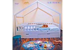 UNICVIEW Letto per bambini in legno massello stile cabina con 2 cassetti, recinzione e rete, 90 x 200 cm, bianco (senza materasso)